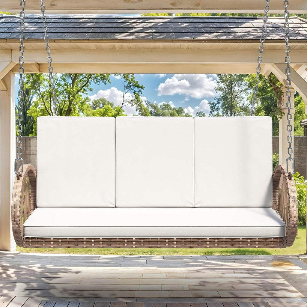 DWVO 3-Person Wicker Porch Swing with Cushions, Outdoor Hanging Swing Chair with Oval Armrests, Iron Frame, 800lbs Capacity for Patio, Garden, Balcony (Beige)