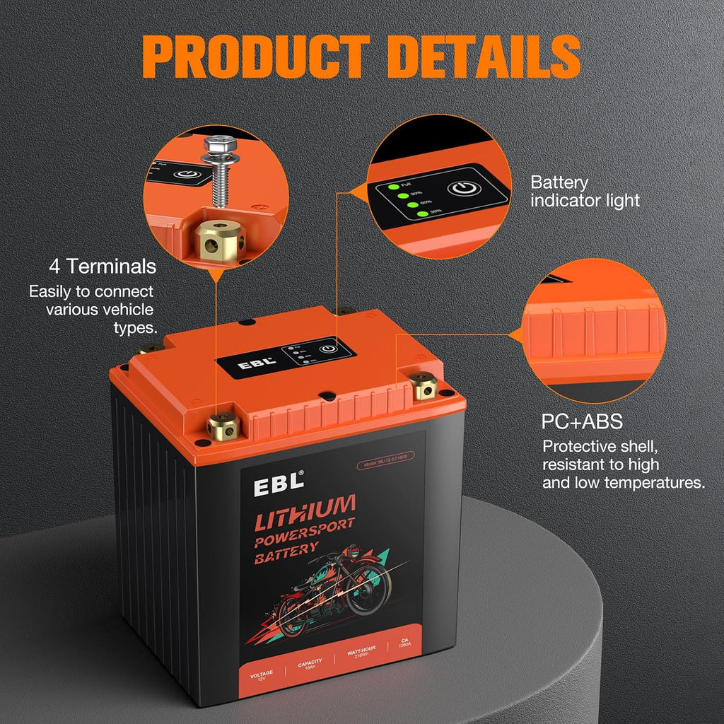 EBL Lithium YTX30L-BS, 540CCA Lithium LiFePO4 Motorcycle Battery, 12V 18Ah ATV, UTV, Jet Ski, 4 Wheeler, Quad, Riding Lawn Mower, Tractor, Scooter, PWC, Seadoo, Polaris and Generator Battery