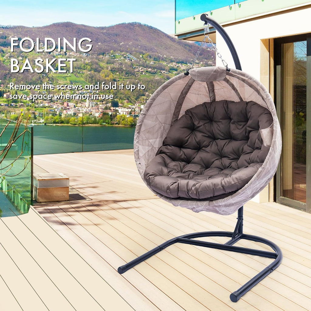 Hanging Egg Chair with Stand - Hanging Ball Chair W/Plush Cushions,Weather-Resistant Fabric, Indoor Outdoor Foldable Swing Chair for Patio, Balcony, Yard & Living Room (Brown & White)