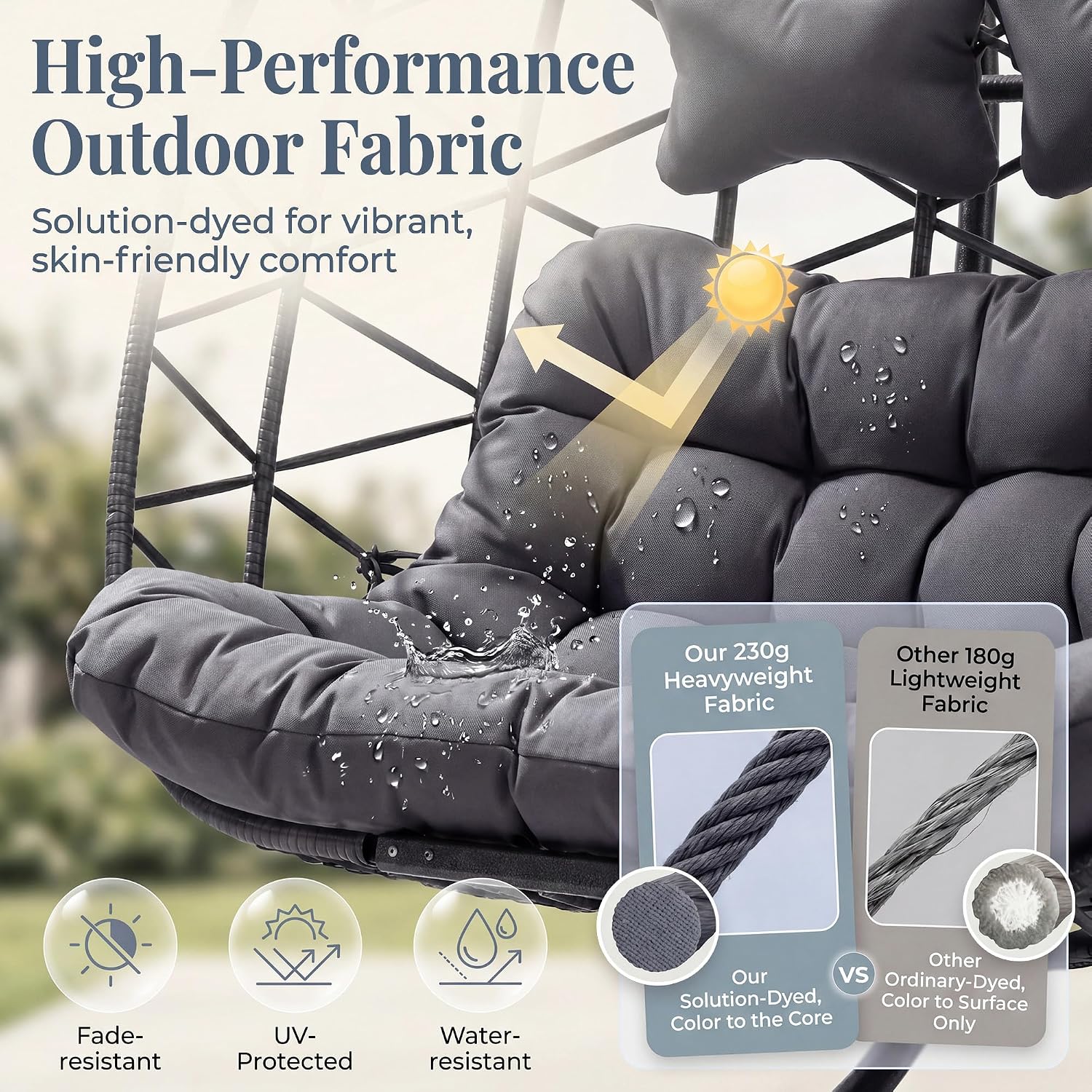 RADIATA 2 Person Hanging Egg Chair with Stand, Extra Large Cozy Outdoor Double Swing Chairs, Oversized Hammock Chair, Indoor Patio Wicker Loveseat with Cushion for Backyard Balcony, Dark Gray