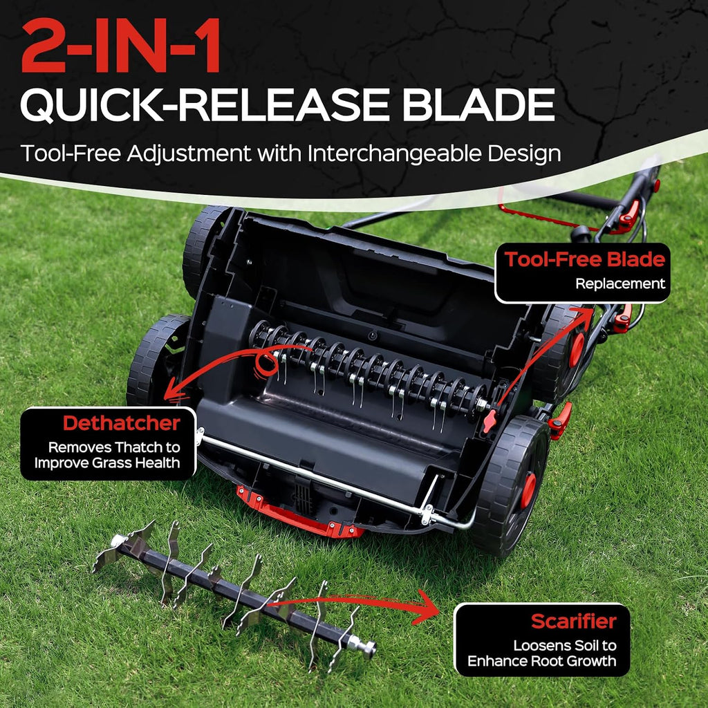 TIECTOWN 16-Inch 15.5 Amp 2-in-1 Electric Dethatcher and Scarifier with 14.5-Gallon Collection Bag, Lawn Dethatcher with 5-Position Depth Adjustment, Blade Replacement Without Tool - Red