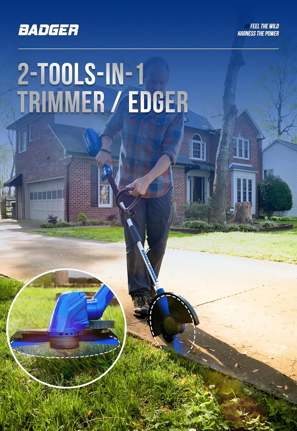 Wild Badger Power 40V Weed Wacker & Leaf Blower, Wheeled Edger Kit Electric with 2Ah Battery & Charger, String Trimmer, Lightweight, Adjustable Telescopic Shaft, Easy to Use and Convert