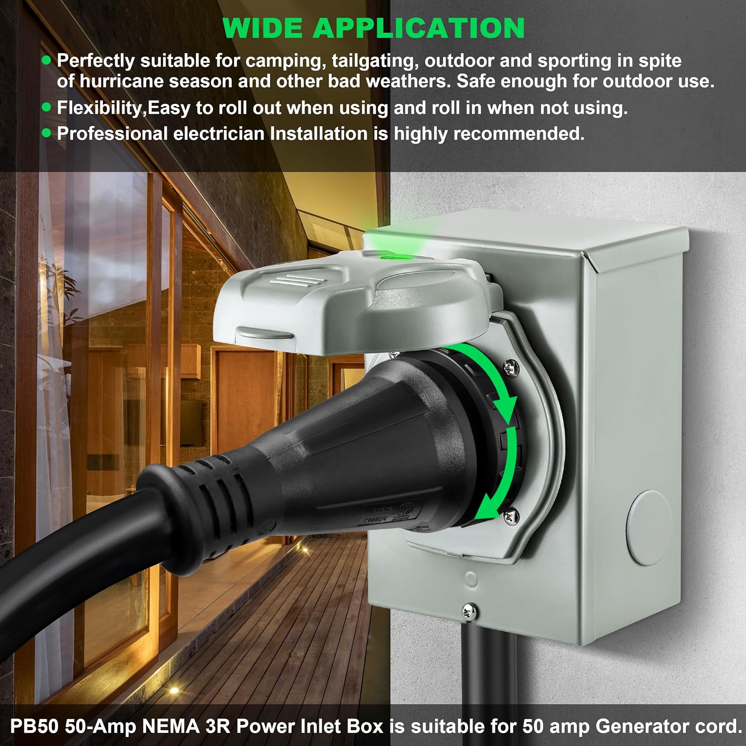 50 Amp Generator Cord and Inlet Box Kit - 50FT ETL Certified Twist Lock, NEMA 14-50P to SS2-50R, Pre-Drilled for Easy Installation, STW 6/3+8/1 AWG for 125V/250V