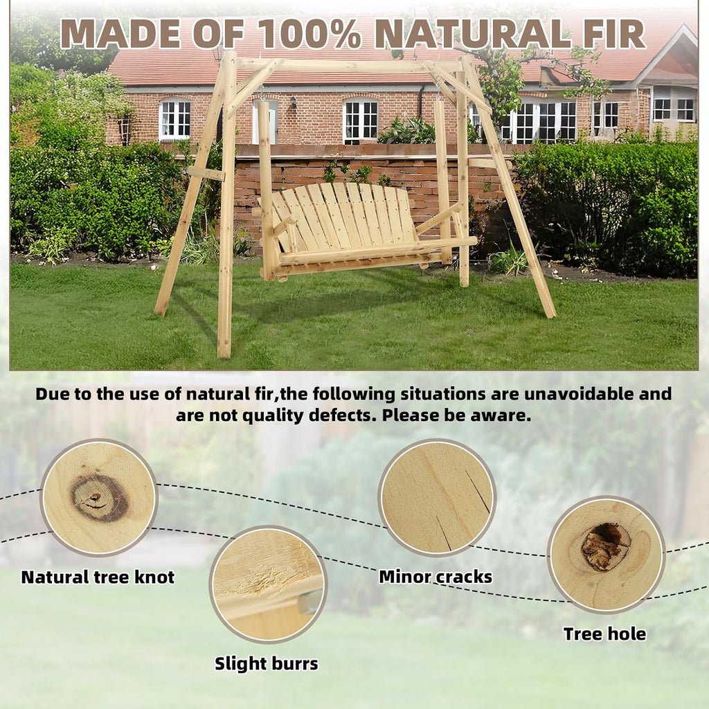 2-Seat Wooden Log Porch Swing With Stand, Rustic Hardwood Chair Bench, Curved Back, for Outside Yard, Garden, Deck, Poolside, Natural