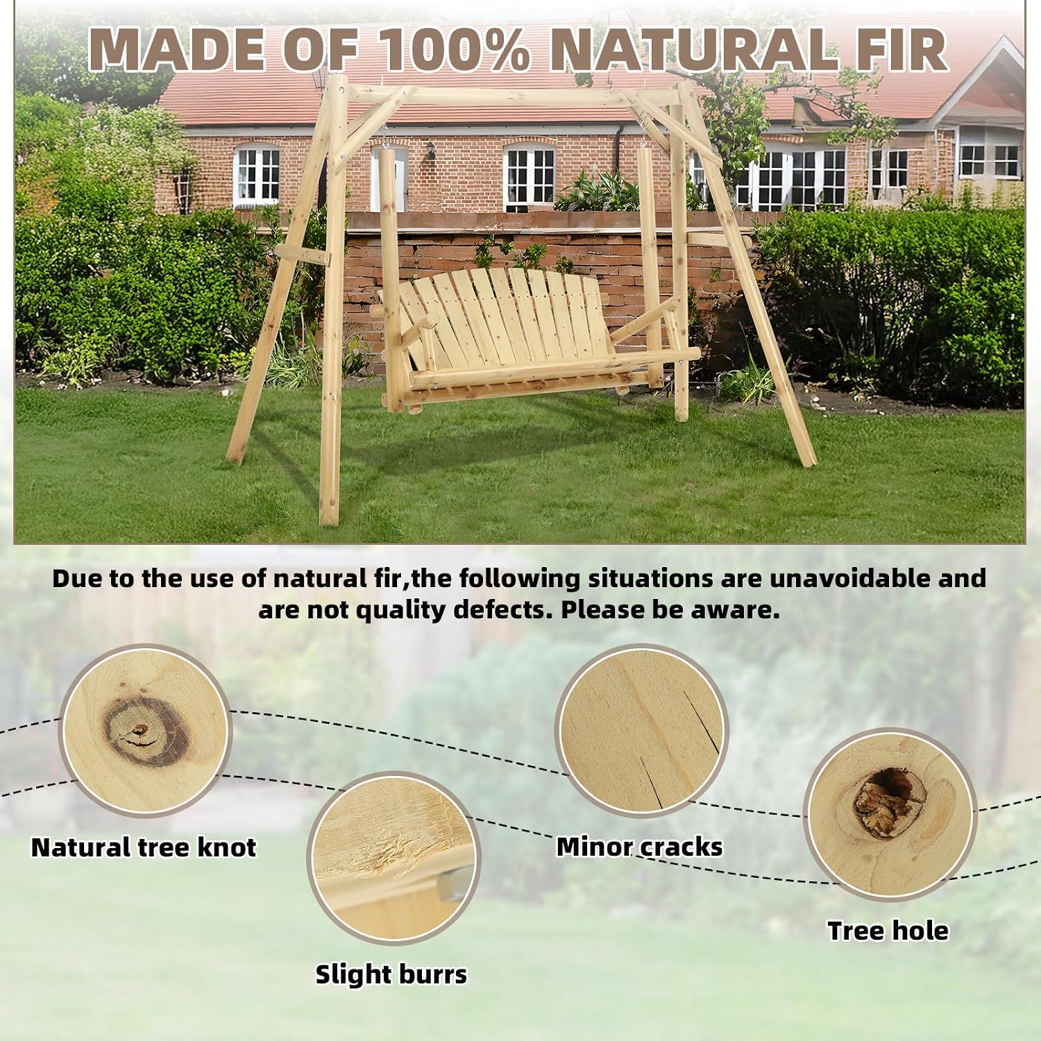 2-Seat Wooden Log Porch Swing With Stand, Rustic Hardwood Chair Bench, Curved Back, for Outside Yard, Garden, Deck, Poolside, Natural