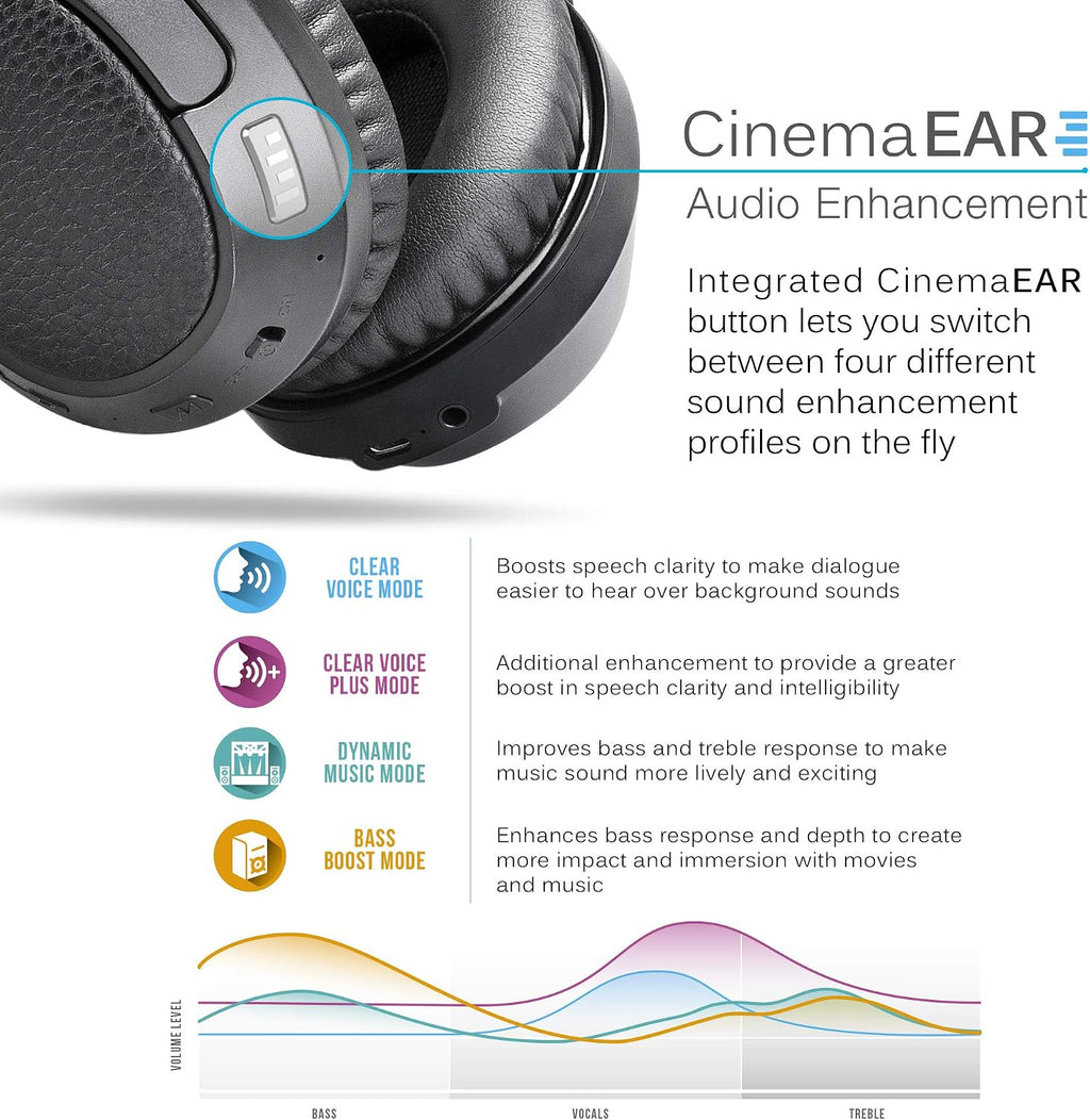 MEE Audio Connect T1CMA Bluetooth Over-Ear Wireless Headphones Headset for TV with no Audio Delay; Includes Transmitter (Optical/AUX/RCA) and CinemaEAR Audio Enhancement for Seniors & Hard of Hearing