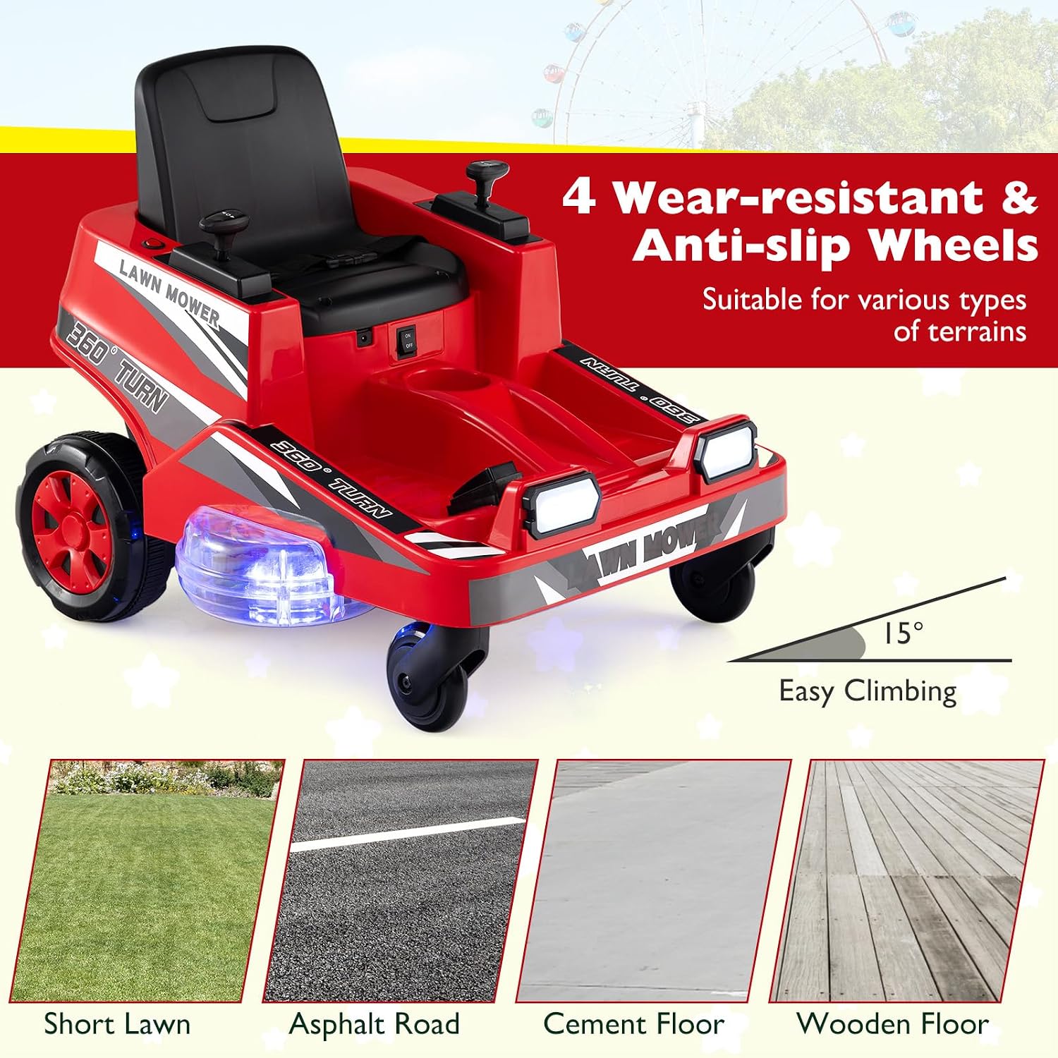 Costzon Ride on Lawn Mower for Kids, 12V Toddler Electric Car with 360° Twist and Turn, Dual Control Sticks, LED Lights, Outdoor Ride on Toy Gift for Boys & Girls Aged 3-8 (Red)