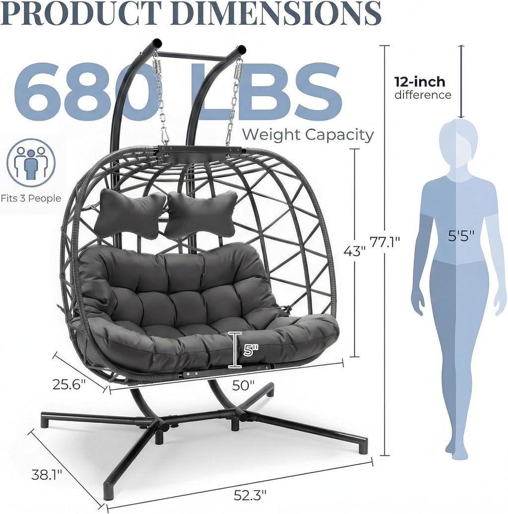 RADIATA 2 Person Hanging Egg Chair with Stand, Extra Large Cozy Outdoor Double Swing Chairs, Oversized Hammock Chair, Indoor Patio Wicker Loveseat with Cushion for Backyard Balcony, Dark Gray