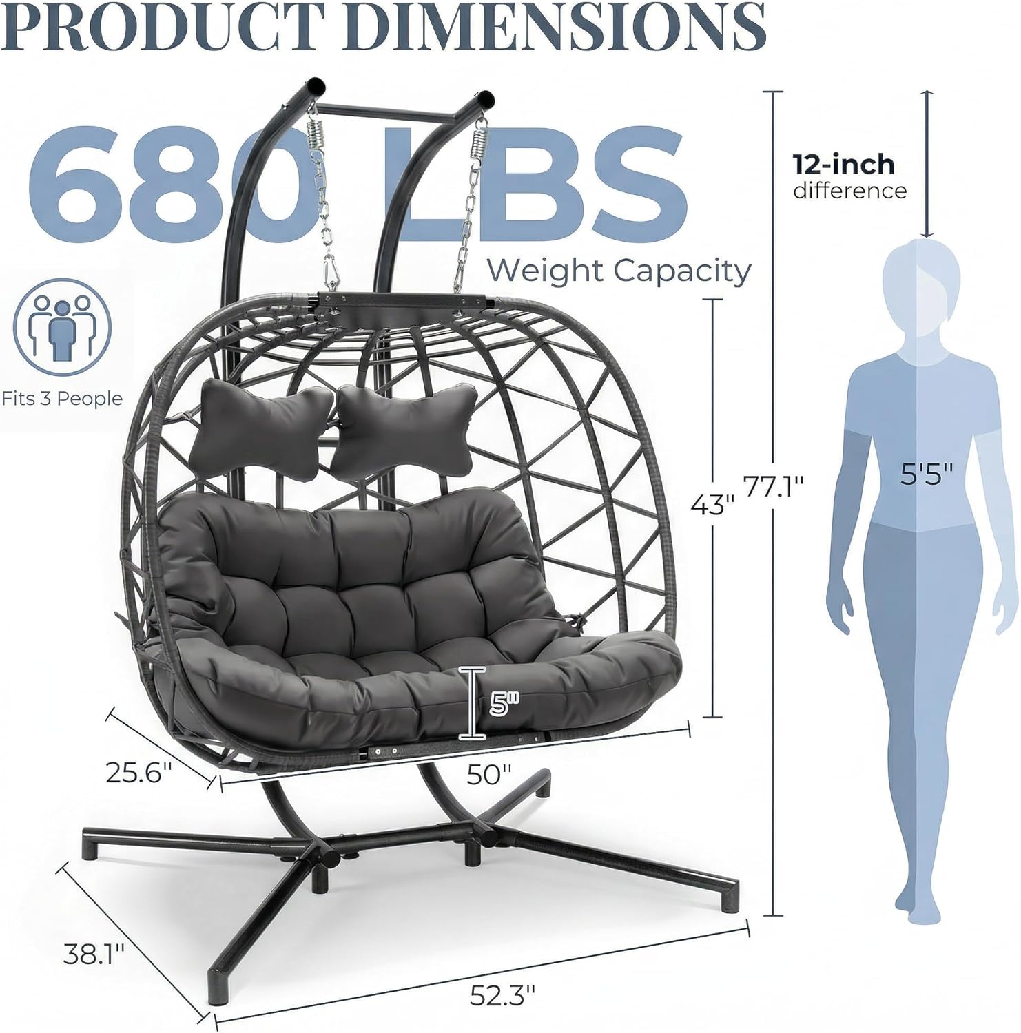 RADIATA 2 Person Hanging Egg Chair with Stand, Extra Large Cozy Outdoor Double Swing Chairs, Oversized Hammock Chair, Indoor Patio Wicker Loveseat with Cushion for Backyard Balcony, Dark Gray