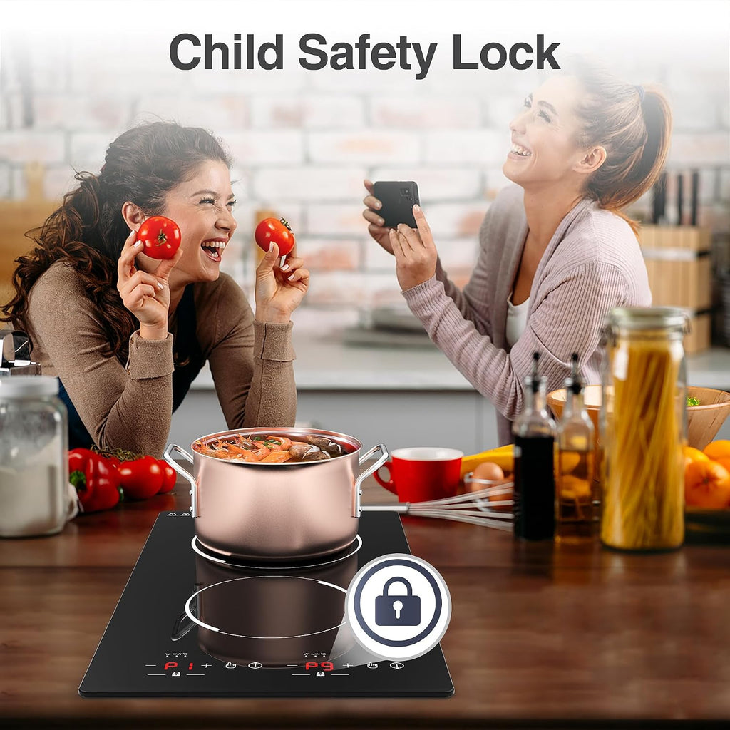 GIHETKUT Double Induction Cooktop,110V 2 Burner Induction Cooktop,2300W Electric Stove Top with Independent Control, Ultrathin Body, 9 Temperature, Multiple Power Levels, 2 Hour Timer, Safety Lock