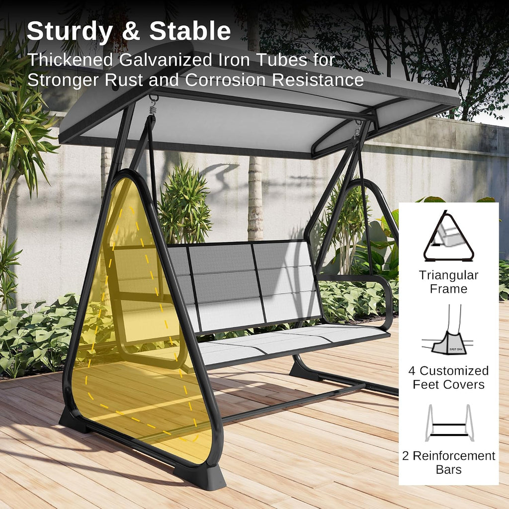East Oak 3-Person Porch Swing with Adjustable Canopy, Outdoor Patio Swing Chair with Comfortable and Breathable Seats, Outdoor Swing Chairs for Balcony, Garden, Backyard, Black