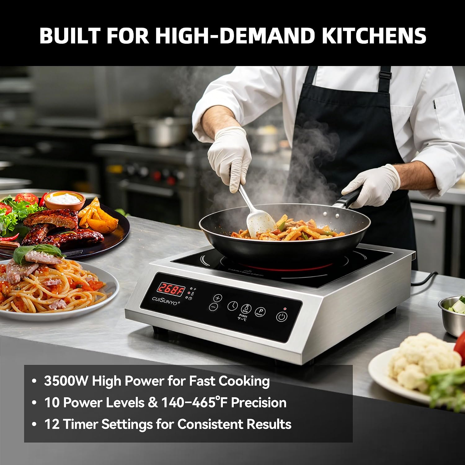 Commercial 3500W Induction Cooktop, Portable 240V Countertop Burner with 10 Power Levels, 12 Timer Settings, 140-465°F Temperature Control, LCD Display, Stainless Steel Housing