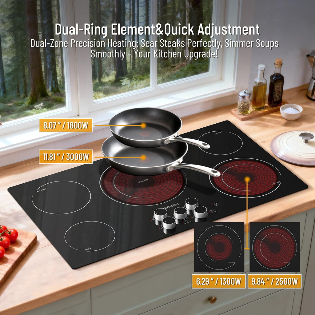 Electric Cooktop 36 Inch 240V,Built-in Electric Stove Top 5 Burners,Knob & Touch Control,9 Power Levels, 500W Warmer,Multiple Safety Protection,Dual-ring Burner,9000W,Hard Wire