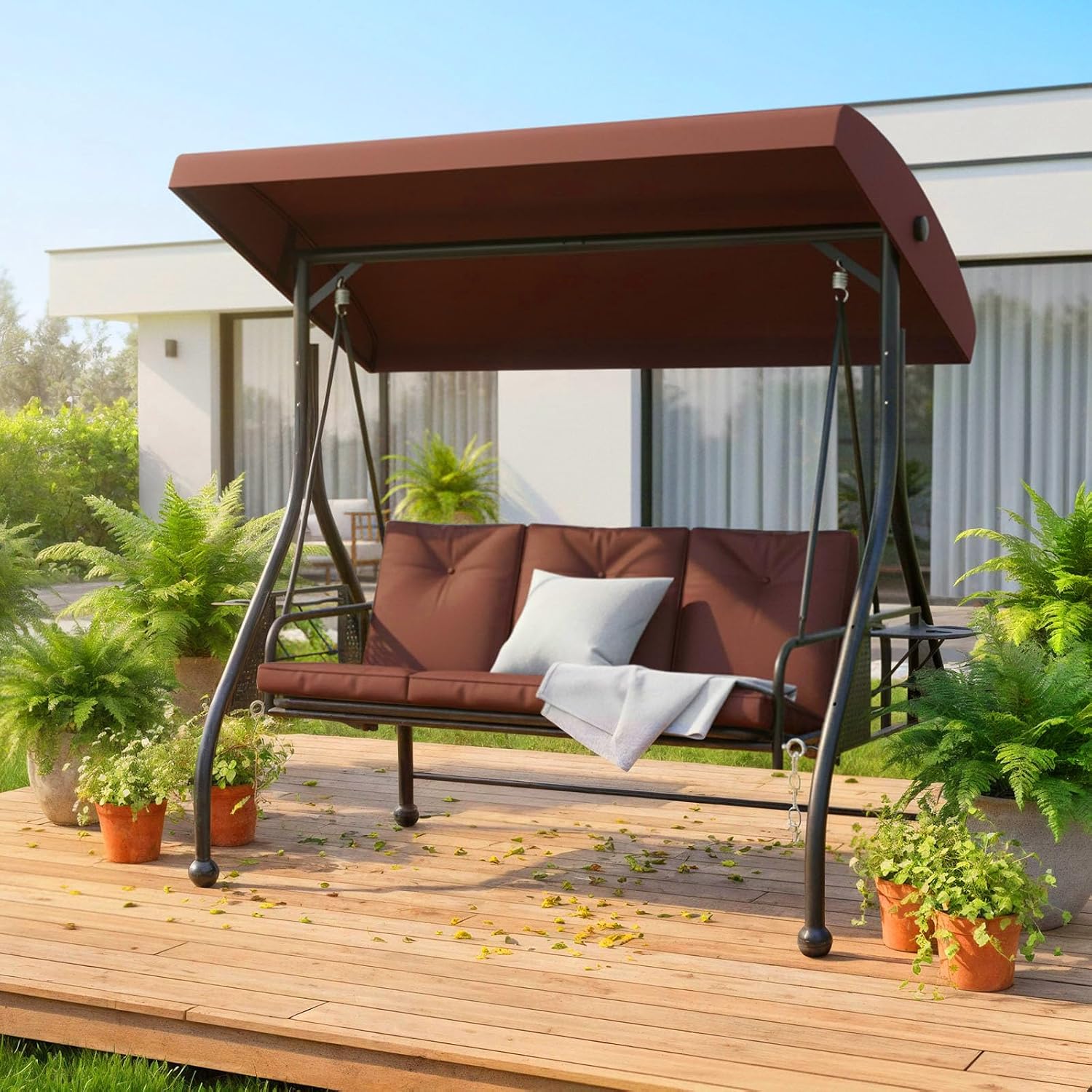 3-Seat Outdoor Porch Swing Glider with Adjustable Canopy, Convertible Patio Swings Bed with Upgraded Folding Cup Holders & Thicker Cushion for Backyard, Garden, Poolside - Brown