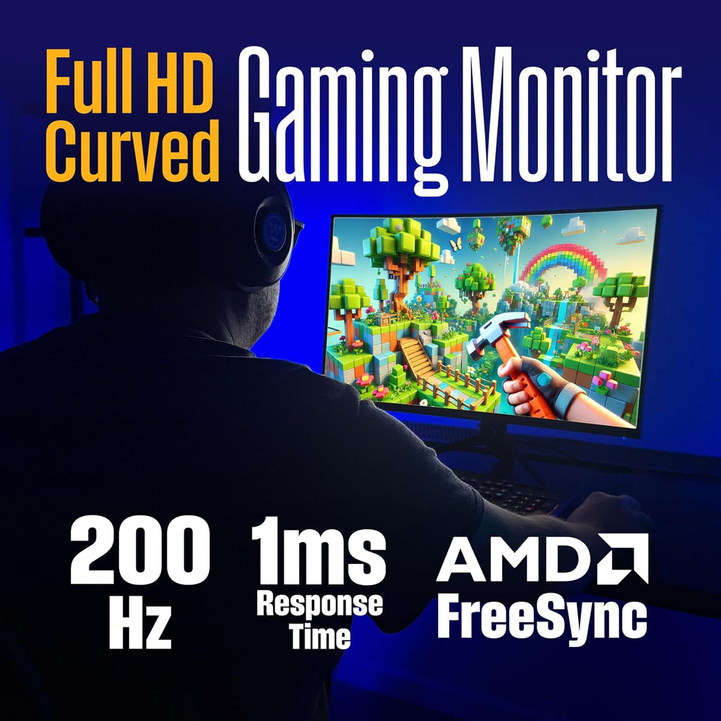 Westinghouse 27 Inch Curved Gaming Monitor, 200Hz, 1ms, FHD 1080P, 3000:1 Contrast Ratio, 118% sRGB, 1500R, AMD FreeSync, Eyecare, for PC Games with Built-in Speakers, DisplayPort, HDMIx2-Black