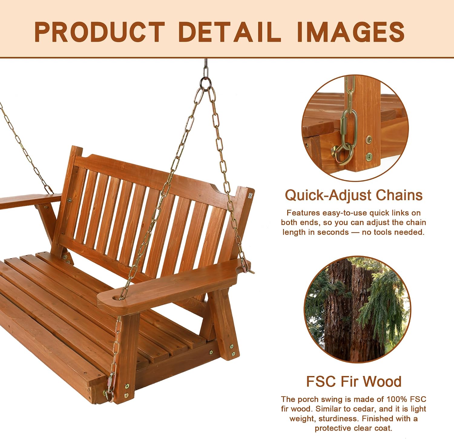 Anraja Wooden Porch Swing 2-Seater Bench Swing with Hanging Chains Heavy Duty 800 LBS for Outdoor Patio Garden Yard, Large 4 Ft, Brown