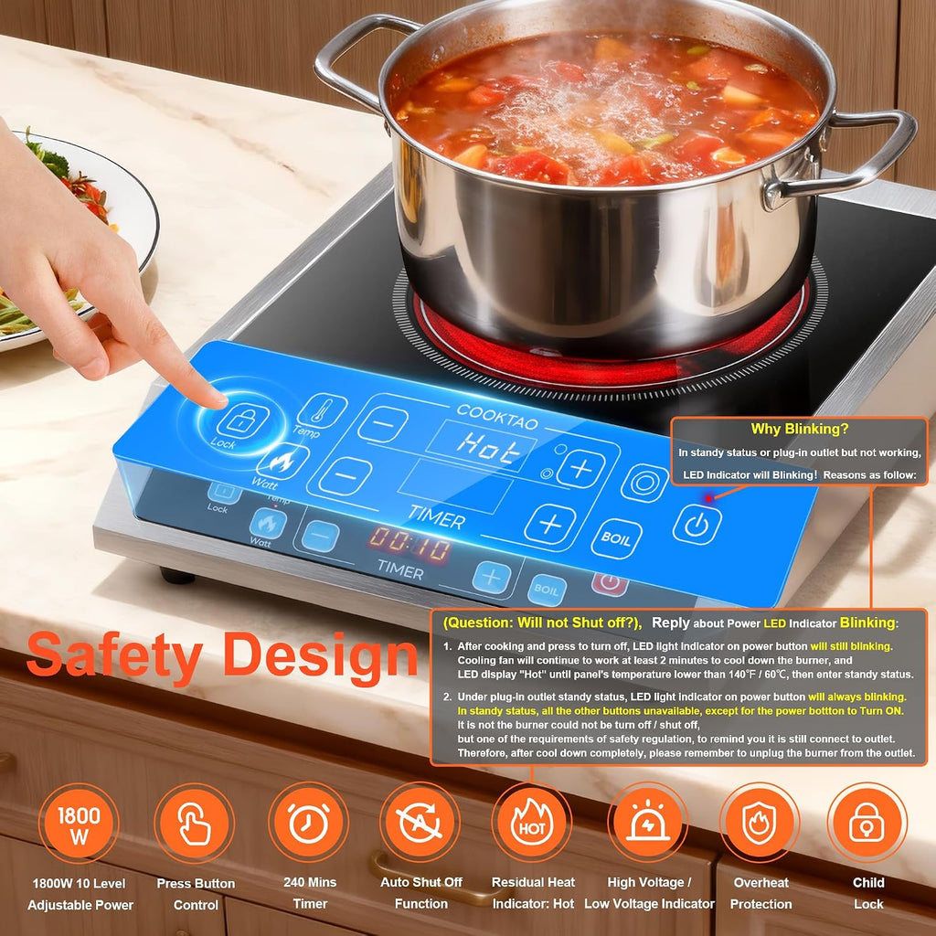 Dual Coils Design of Stainless Steel Single Burner Electric Cooktop, 1800W Commercial Ceramic Infrared Cooking Hot Plate, Portable Countertop Radiant Stove Top Cooker with WATT and TEMP Control