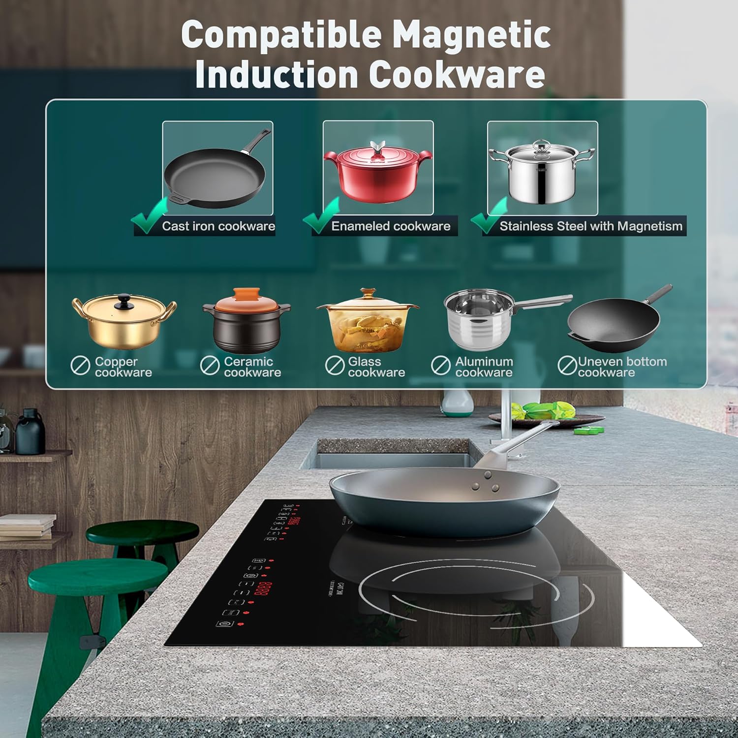 Induction Cooktop with 2 Burners, Horizontal Electric Stove, Built-In Induction Cooker, 1800W Sensor Touch Electric Cooktop, 9 Power Levels, Timer, Safety Lock, 120V, 20 Inch