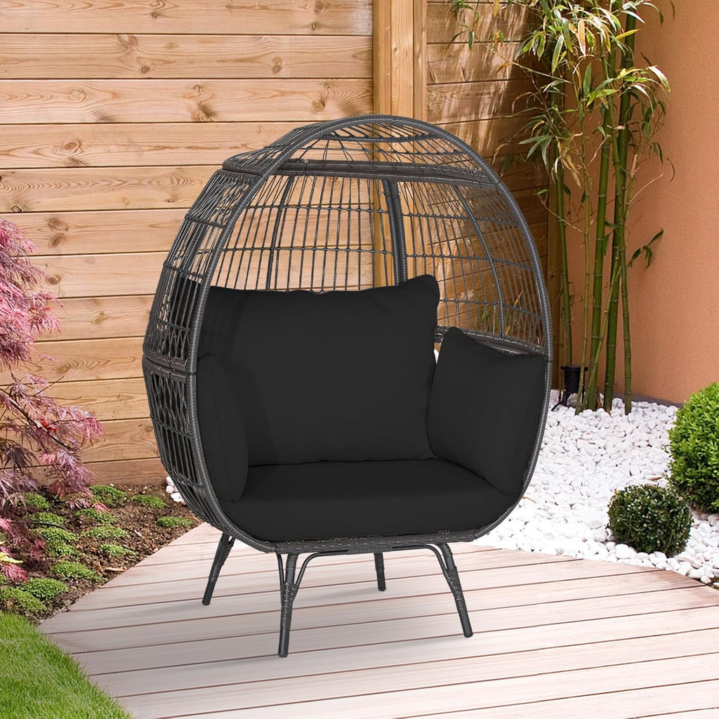 Tangkula PE Wicker Egg Chair, Patiojoy Oversized Indoor Outdoor Patio Lounge Chair with Cushions and Pillows, Steel Frame Basket Chair for Garden, Deck, Balcony, Living Room (Black)