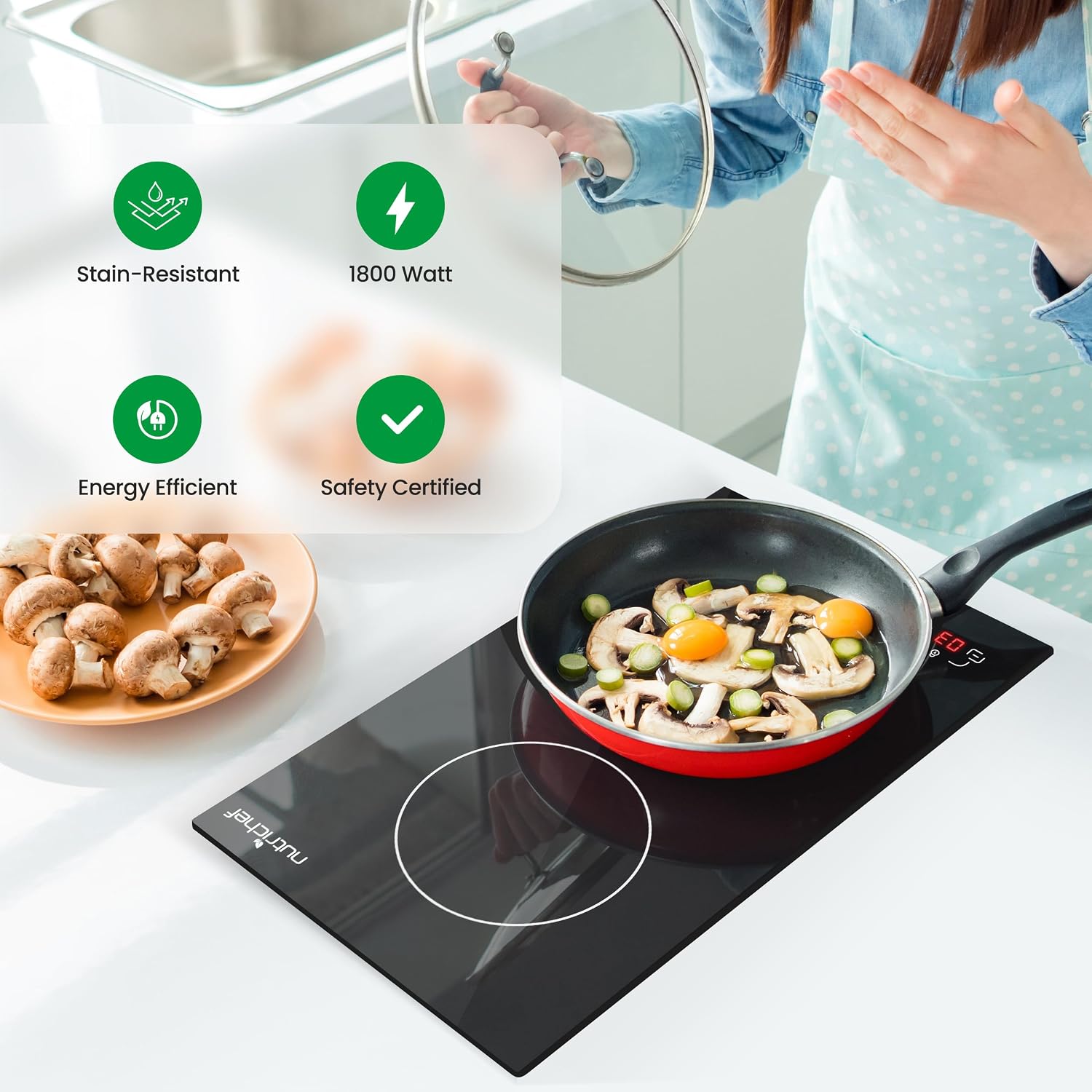 NutriChef Induction Cooktop 2 Burner, Electric Stove - Adjustable Temperature, Digital Touch Sensors, Stain-Resistant/Easy-to-Clean, Induction Hot Plate, 20 x 11 Inch - 1800 Watt