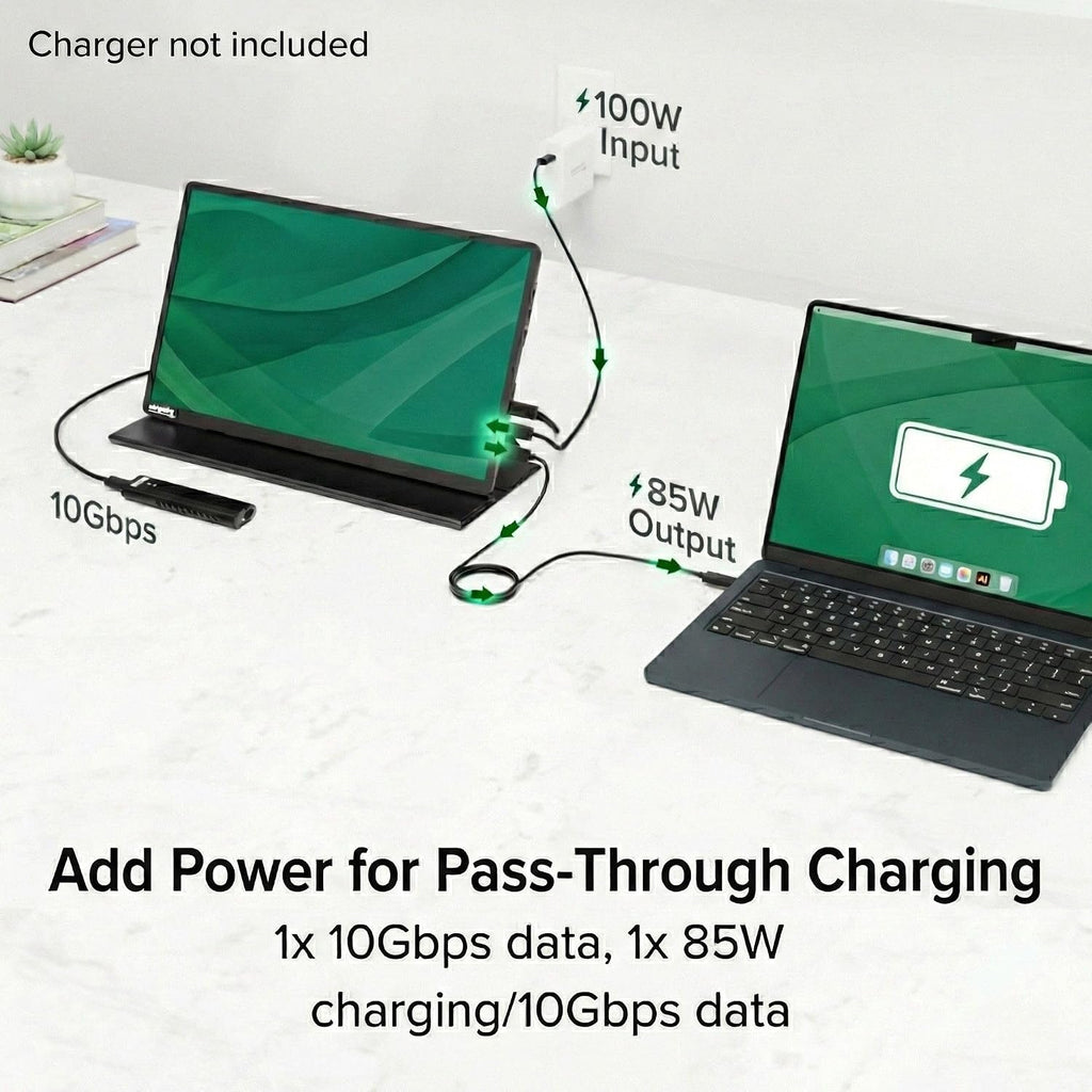 Plugable 15.6' USB-C Portable Monitor with 100W Pass-Through Charging | 2X USB-C 10Gbps Hub | FHD 1920x1080 IPS Display for Mac, Windows, iPad, Smartphone | 1.85lbs, Travel Cover/Stand Included