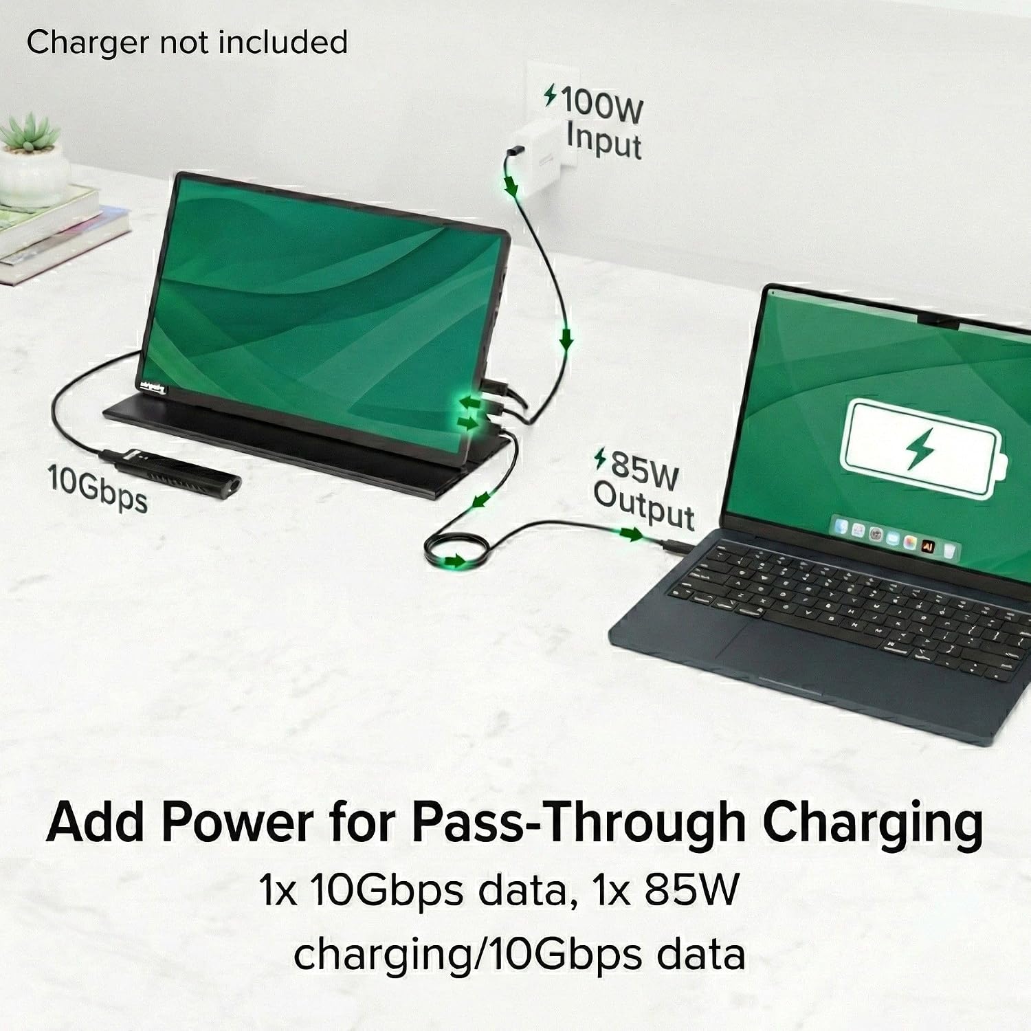 Plugable 15.6' USB-C Portable Monitor with 100W Pass-Through Charging | 2X USB-C 10Gbps Hub | FHD 1920x1080 IPS Display for Mac, Windows, iPad, Smartphone | 1.85lbs, Travel Cover/Stand Included