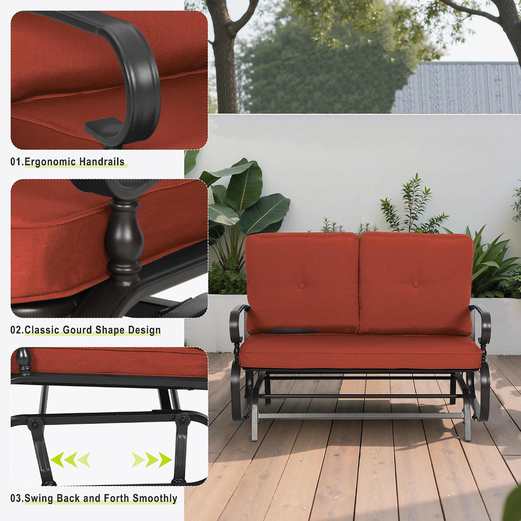Outdoor Bench Patio Swing Glider Loveseat 2 Seats Rocking Chair, Wrought Iron Gliders for Outside Patio with Cushion (Red)