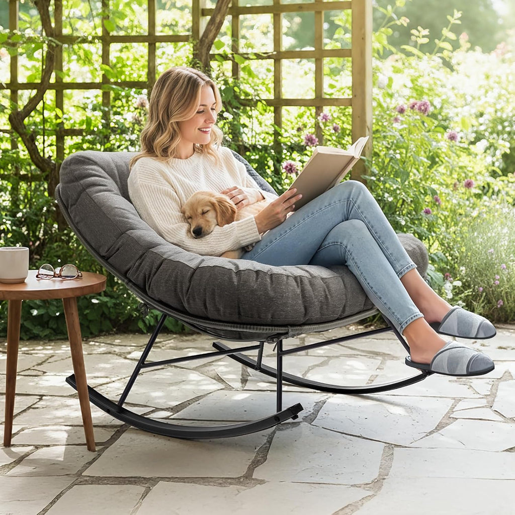 Bme Patio Rocking Chair Outdoor & Indoor, Metal Patio Lounge Rocking Chair with Thick Cushion, Comfy Modern Rocker Chair for Living Room, Porch, Backyard, Grey Cushion - Wood Texture Rocker