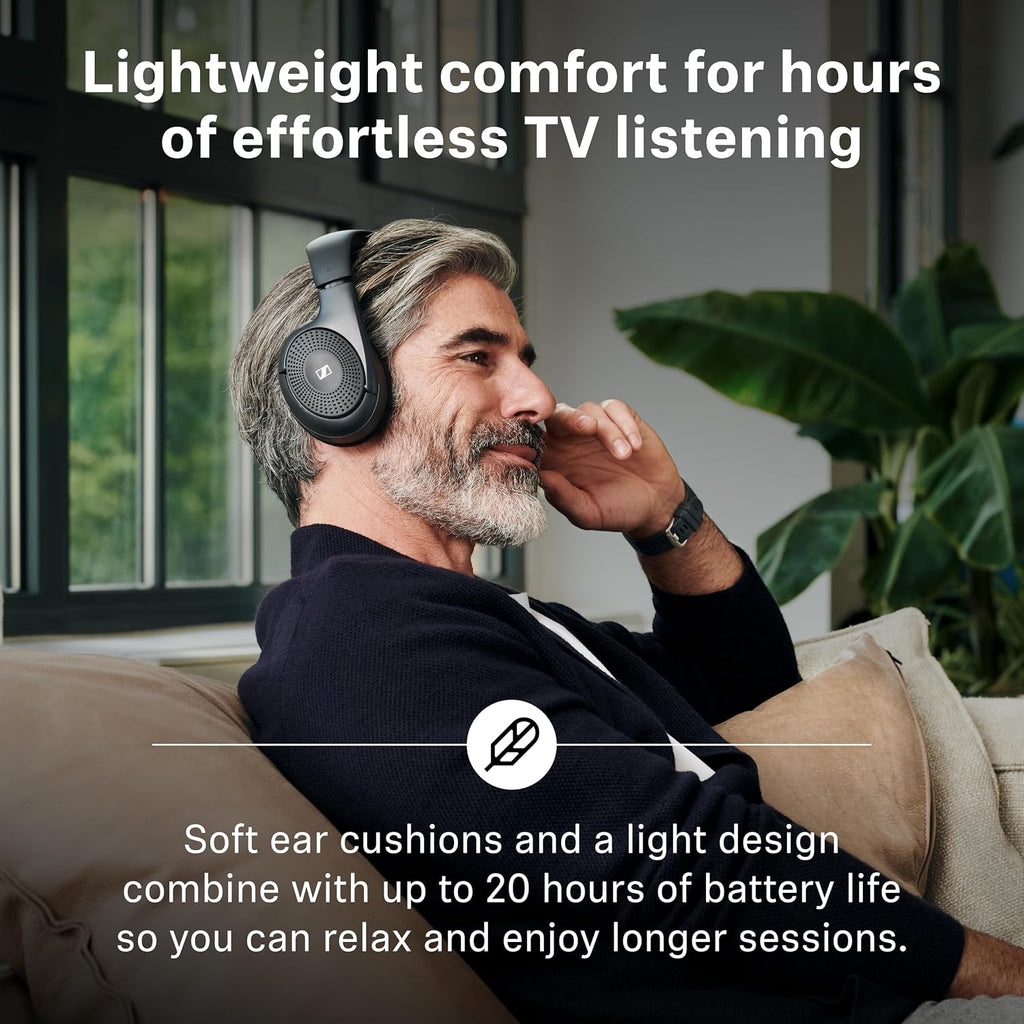 Sennheiser RS 120-W On-Ear Wireless Headphones for Crystal-clear TV Listening with 3 Sound Modes, Lightweight Design, Easy Volume Control, 60 m Range and Convenient Transmitter/Charger Combo - Black