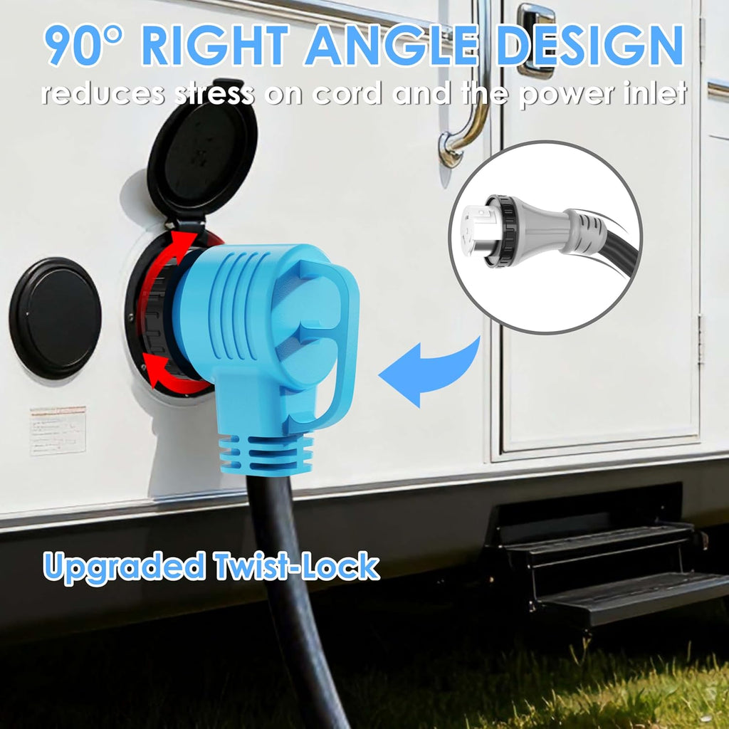 CircleCord UL Listed 50 Amp 25 Feet RV/Generator Cord with 90° Right Angle Locking Connector, Heavy Duty 6/3+8/1 Gauge STW Wire, 14-50P to SS2-50R for RV Camper Trailer and Generator to House