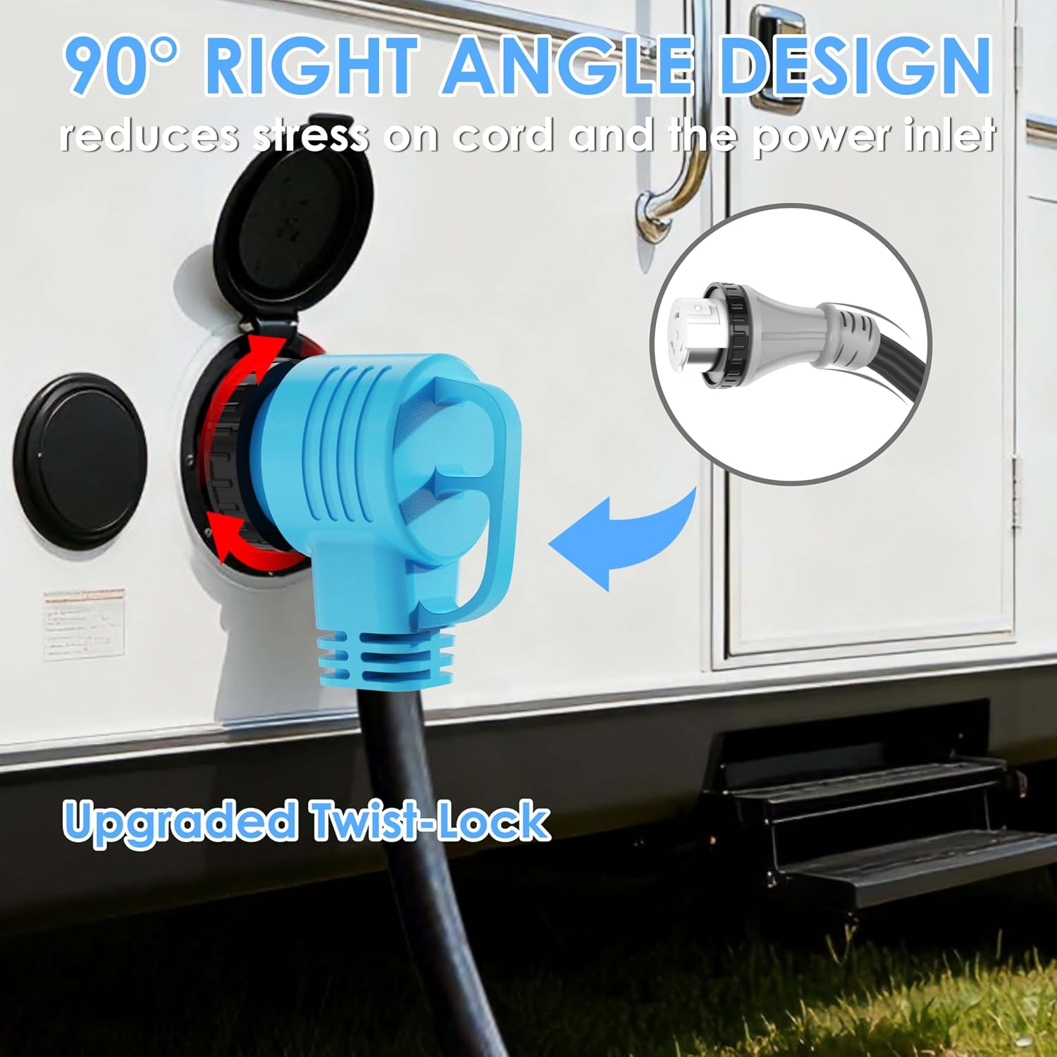 CircleCord UL Listed 50 Amp 25 Feet RV/Generator Cord with 90° Right Angle Locking Connector, Heavy Duty 6/3+8/1 Gauge STW Wire, 14-50P to SS2-50R for RV Camper Trailer and Generator to House