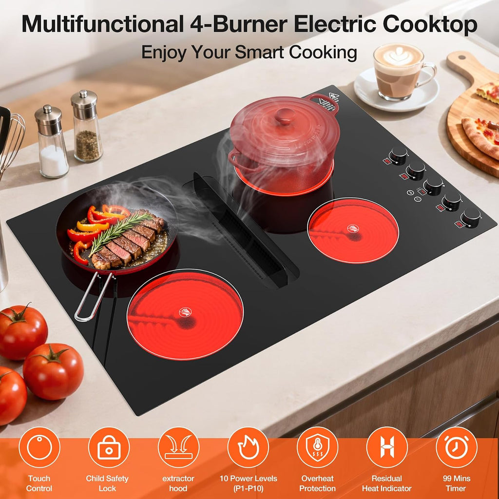 30 Inch Electric Cooktop with Downdraft: 4 Burner 220V Electric Stove Top with 10 Power Levels, Safety Lock - 6000W Built-In Cooktop for Kitchen Island