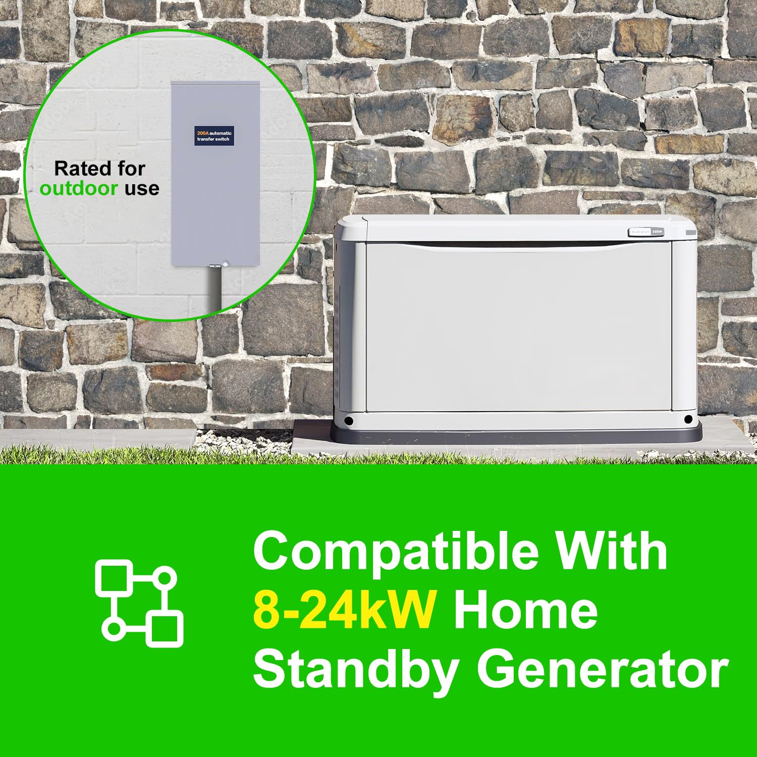 200 Amp Single Phase Automatic Transfer Switch - NEMA 3R Aluminum Enclosure for Outdoor and Indoor Power Management, Service Entrance Rated, Replaces Generac RXSW200A3