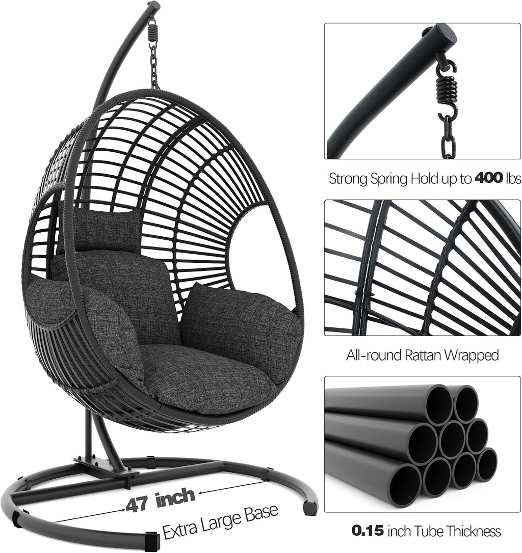 Oversized Hanging Egg Chair Set of 2 Outdoor Indoor, Wicker Swing Egg Chair with Stand 400lbs Capacity for Bedroom, Patio, Garden and Balcony