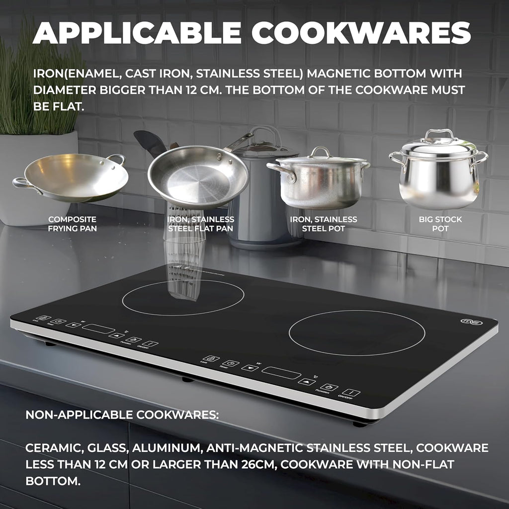 OMEO Portable Double Induction Cooktop 2 Burner Electric Cooktop, Touch Control 110V Induction Cooker with Safety Lock, Pause, Auto Shutoff Timer Setting, 9 Heating Level and Overheating Protection