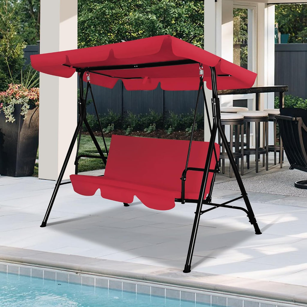 GARTOO 3-Seat Patio Swing Chair, Outdoor Porch Swing with Adjustable Canopy and Durable Steel Frame for Patio, Garden, Poolside(Red)