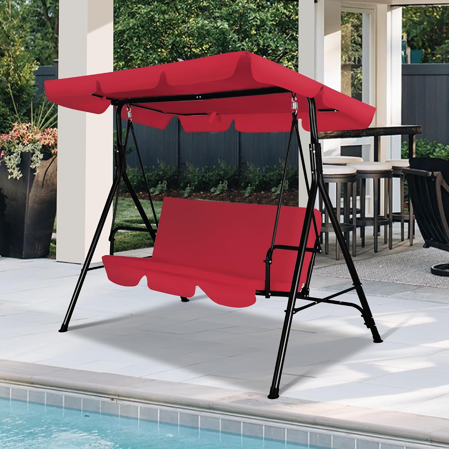 GARTOO 3-Seat Patio Swing Chair, Outdoor Porch Swing with Adjustable Canopy and Durable Steel Frame for Patio, Garden, Poolside(Red)