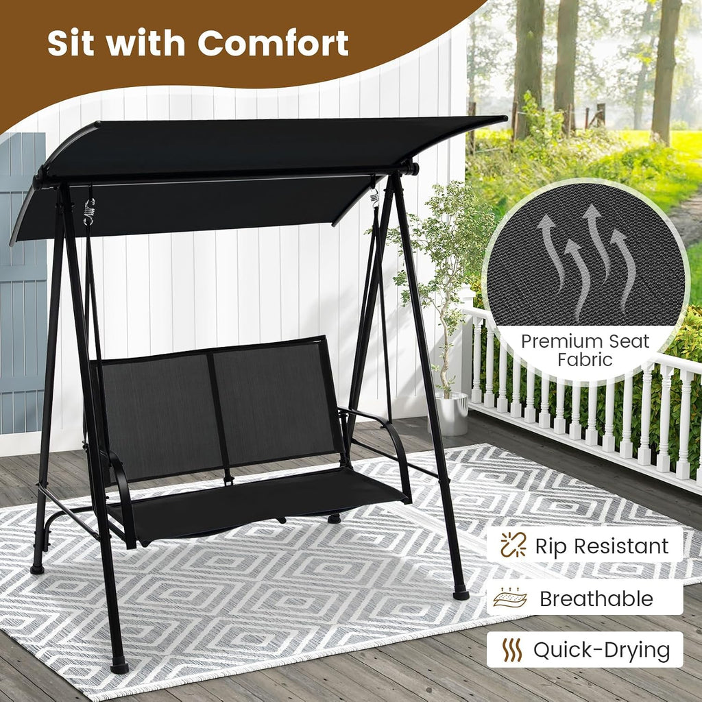 HAPPYGRILL 2-Person Outdoor Swing with Canopy, Patio Porch Swing Chair with Heavy-Duty Metal Frame, Breathable Seat Fabric, Patio Loveseat Swing for Backyard, Balcony, Poolside