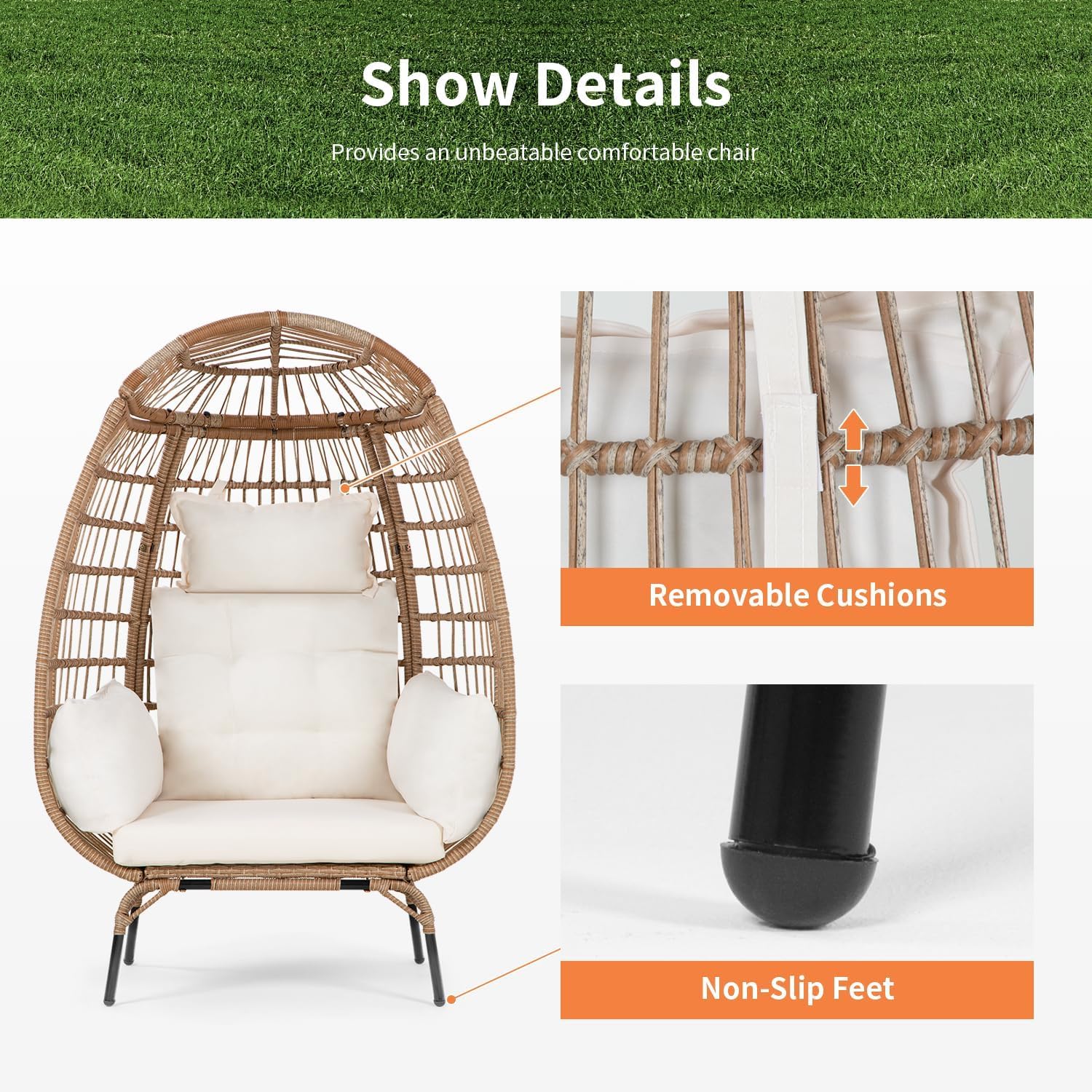 Oversized Egg Chair with Stand, Room Decor Aesthetic Reading Chair, Lounge Chairs for Outside Wicker Egg Chair, Outdoor Chairs Comfortable Rattan Chair, 352Lb Capacity Patio Chairs Outdoor Furniture