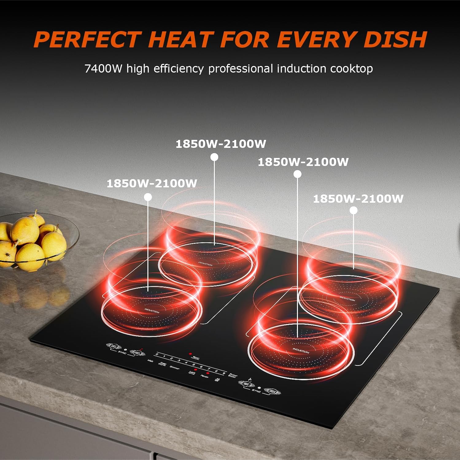 24 Inch Induction Cooktop 4 Burners, Flat Glass Top Electric Stove Hob with Bridge-SYNC, 3 Preset Modes Booster, Timer, Pause, Child Lock, Drop in, 208~240V/40A, Black