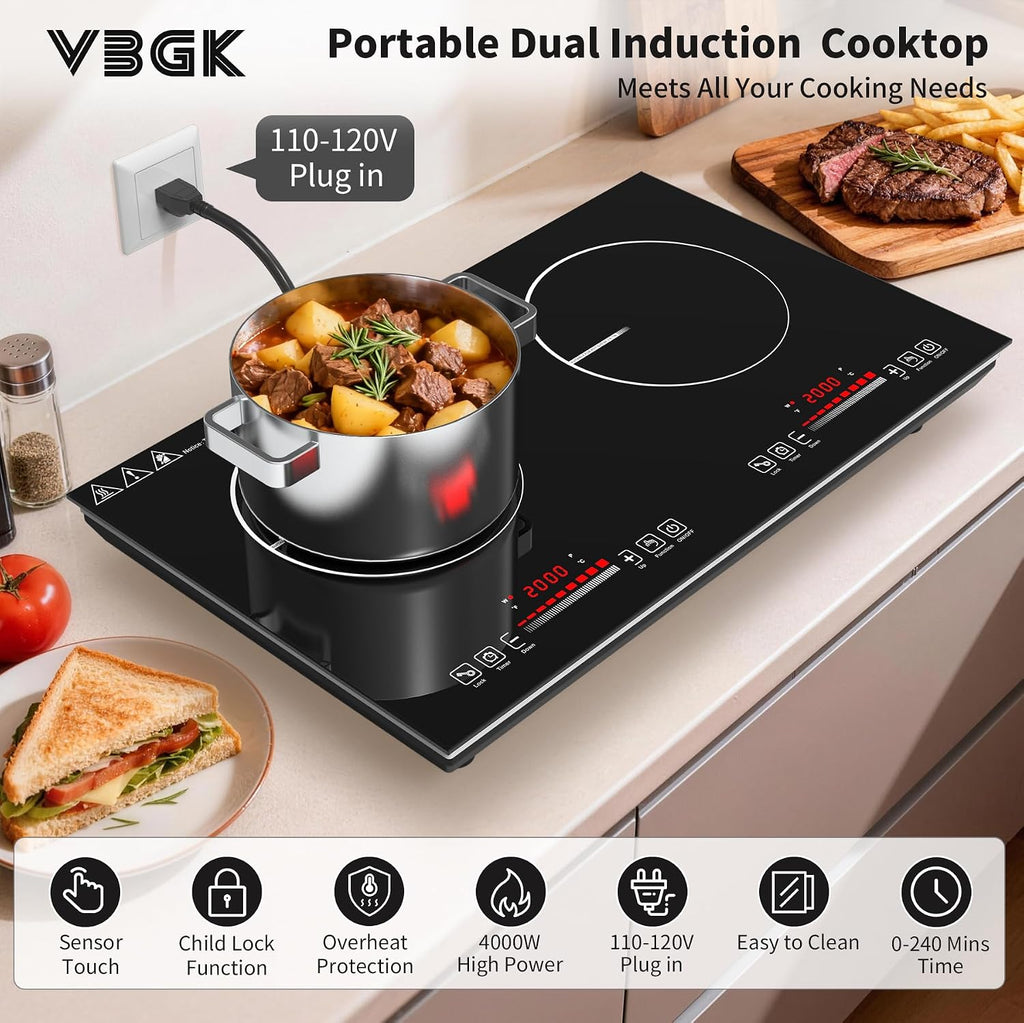 VBGK 2 burner Induction Hop,3600W Electric hob 2 burner with Knob Control,9 Power Levels, Kids Lock & Timer,LED touch control,double induction hop