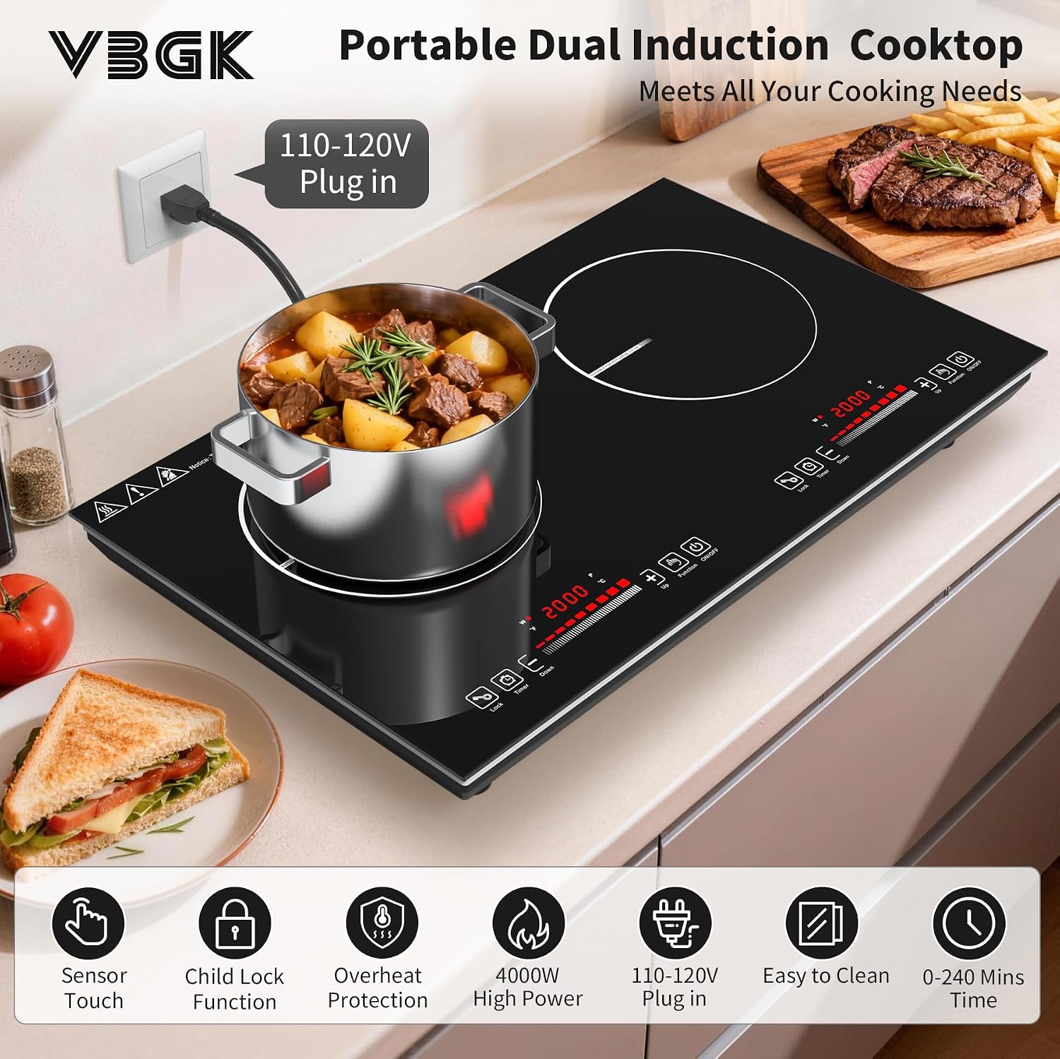 VBGK 2 burner Induction Hop,3600W Electric hob 2 burner with Knob Control,9 Power Levels, Kids Lock & Timer,LED touch control,double induction hop