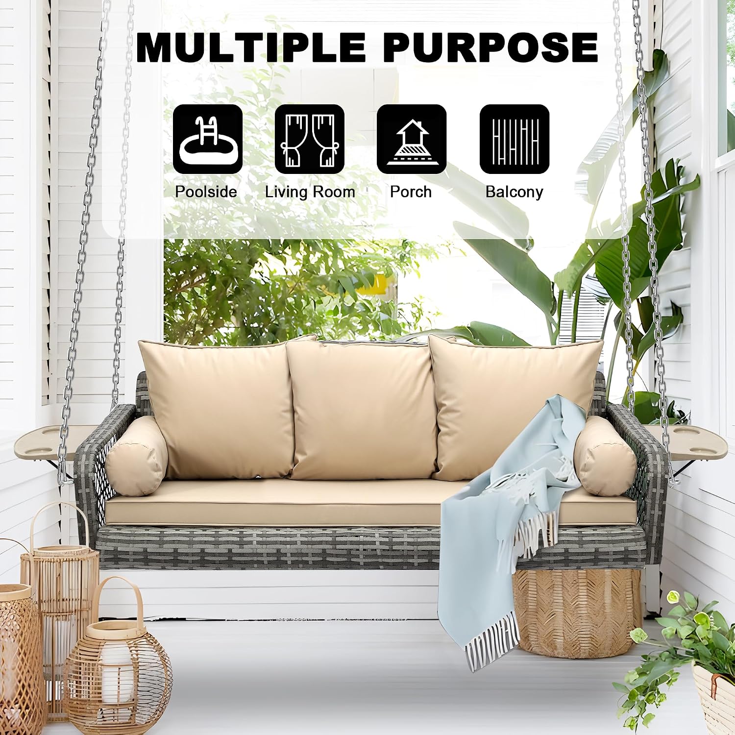 Wicker Porch Swing, 3-Seats Rattan Hanging Swing Chair, Outdoor Patio Grey Rattan Swing Bench with Cushions & Foldable Tray for Patio Backyard Poolside Garden, Khaki