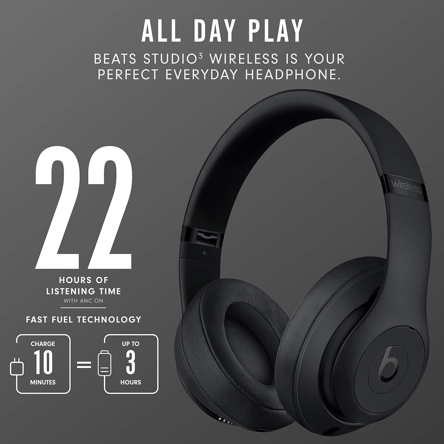 Beats Studio3 Wireless Noise Cancelling Over-Ear Headphones - Matte Black (Renewed)