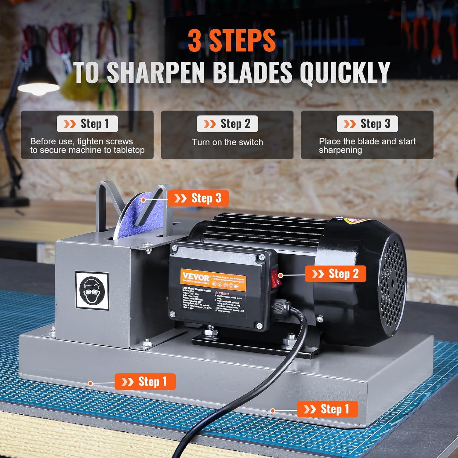 VEVOR Lawn Mower Blade Sharpener - 2/3HP 500W Grinder with 7-inch Ceramic Wheel, Sharpens High/Low Lift, Gator & Flat Blades