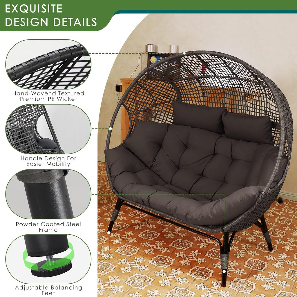 NICESOUL Stationary Egg Chair Indoor Outdoor Wicker Oversized Thick Cushions Egg Shaped Loveseat Chair, Egg Basket Lounge Chair with Ottoman Footrest for Patio Balcony Porch Bedroom Gray