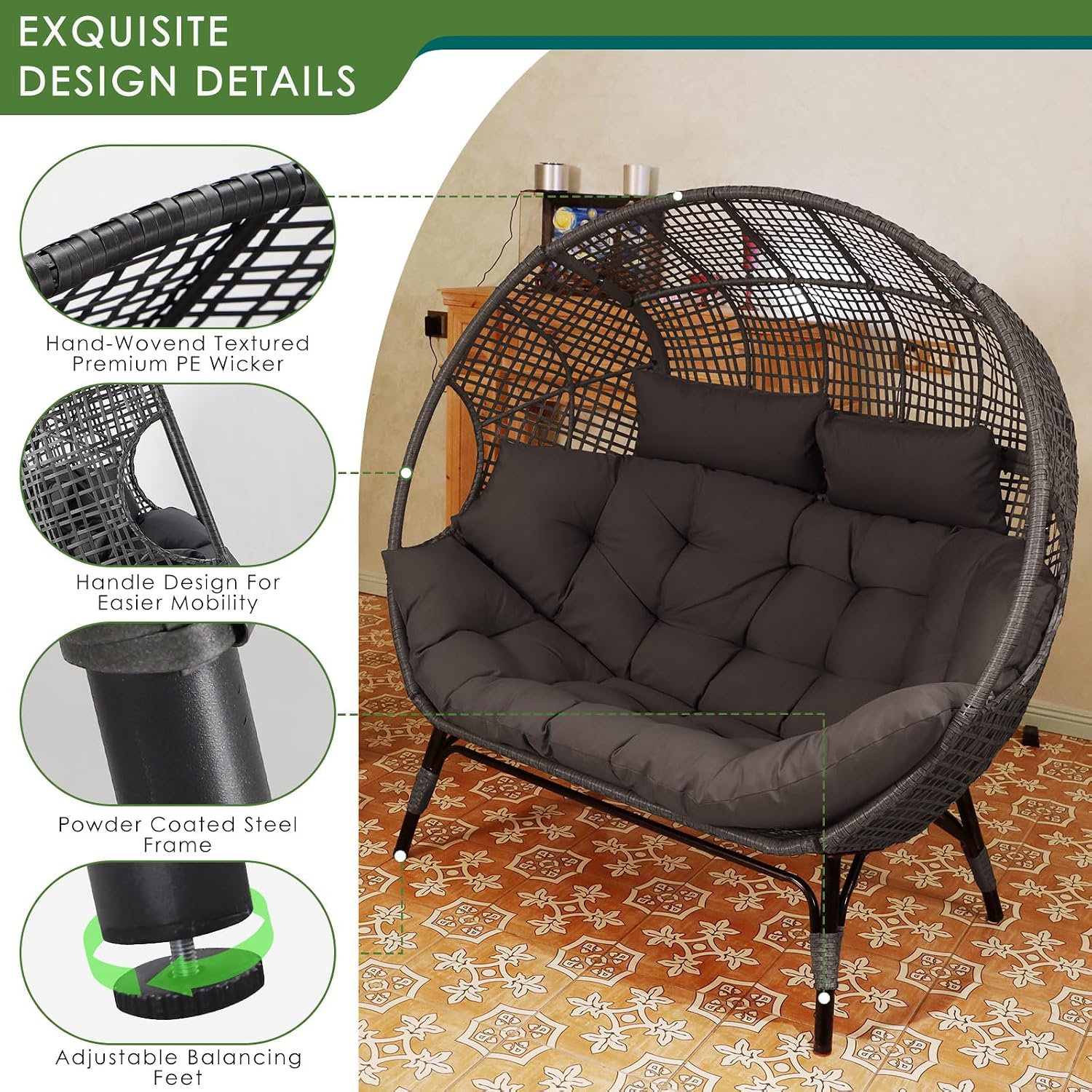 NICESOUL Stationary Egg Chair Indoor Outdoor Wicker Oversized Thick Cushions Egg Shaped Loveseat Chair, Egg Basket Lounge Chair with Ottoman Footrest for Patio Balcony Porch Bedroom Gray