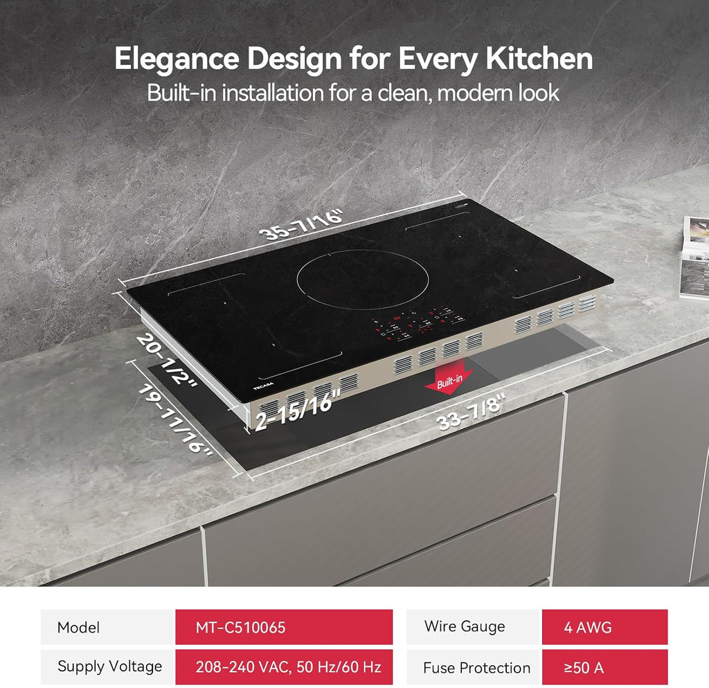 36 Inch Induction Cooktop 10800W, TECASA Built-in Electric Stove with 5 Boost Burners, Compatible with Magnetic Cookwares, Timer & Child Safety Lock, 9 Power Levels