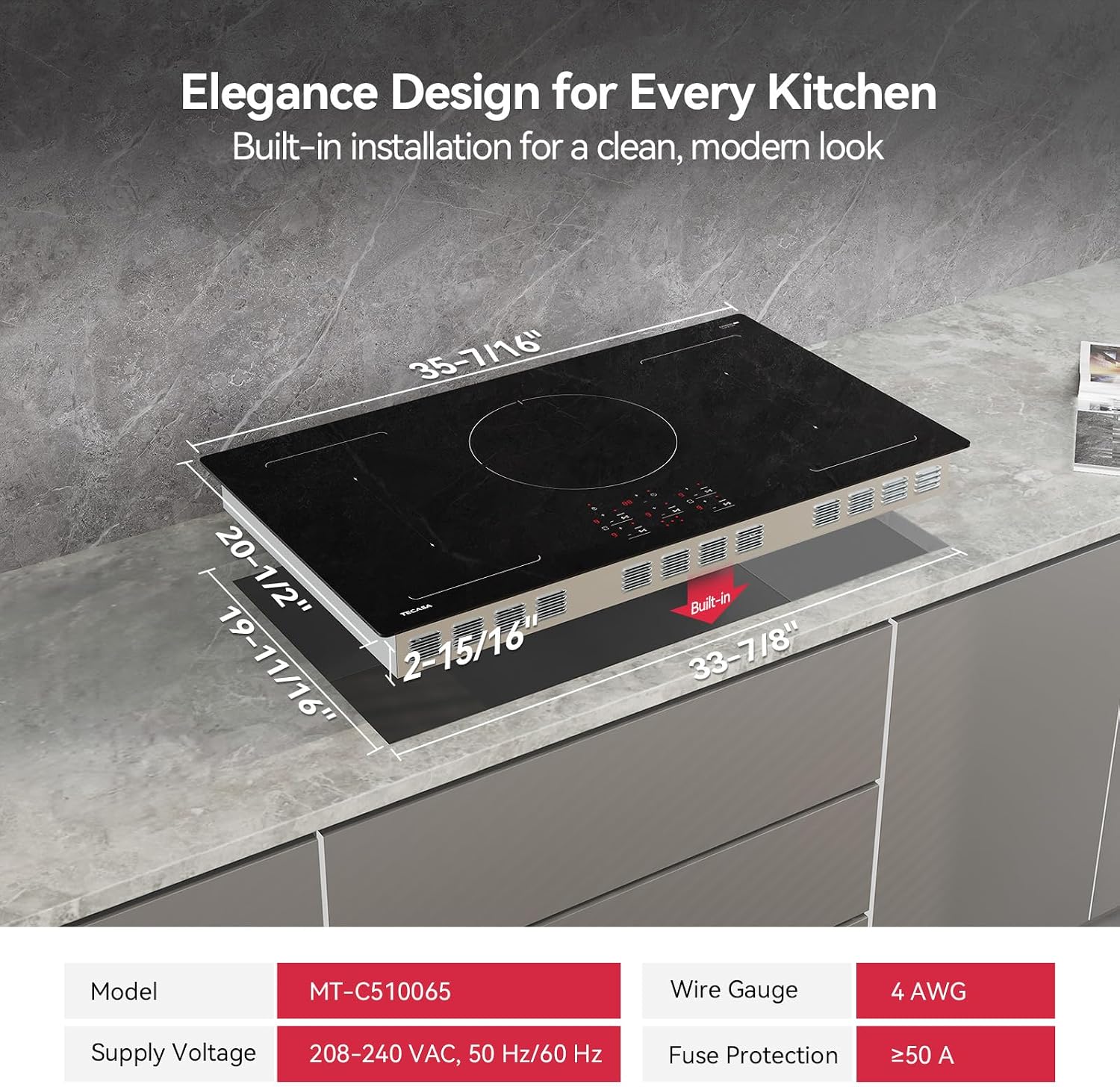 36 Inch Induction Cooktop 10800W, TECASA Built-in Electric Stove with 5 Boost Burners, Compatible with Magnetic Cookwares, Timer & Child Safety Lock, 9 Power Levels