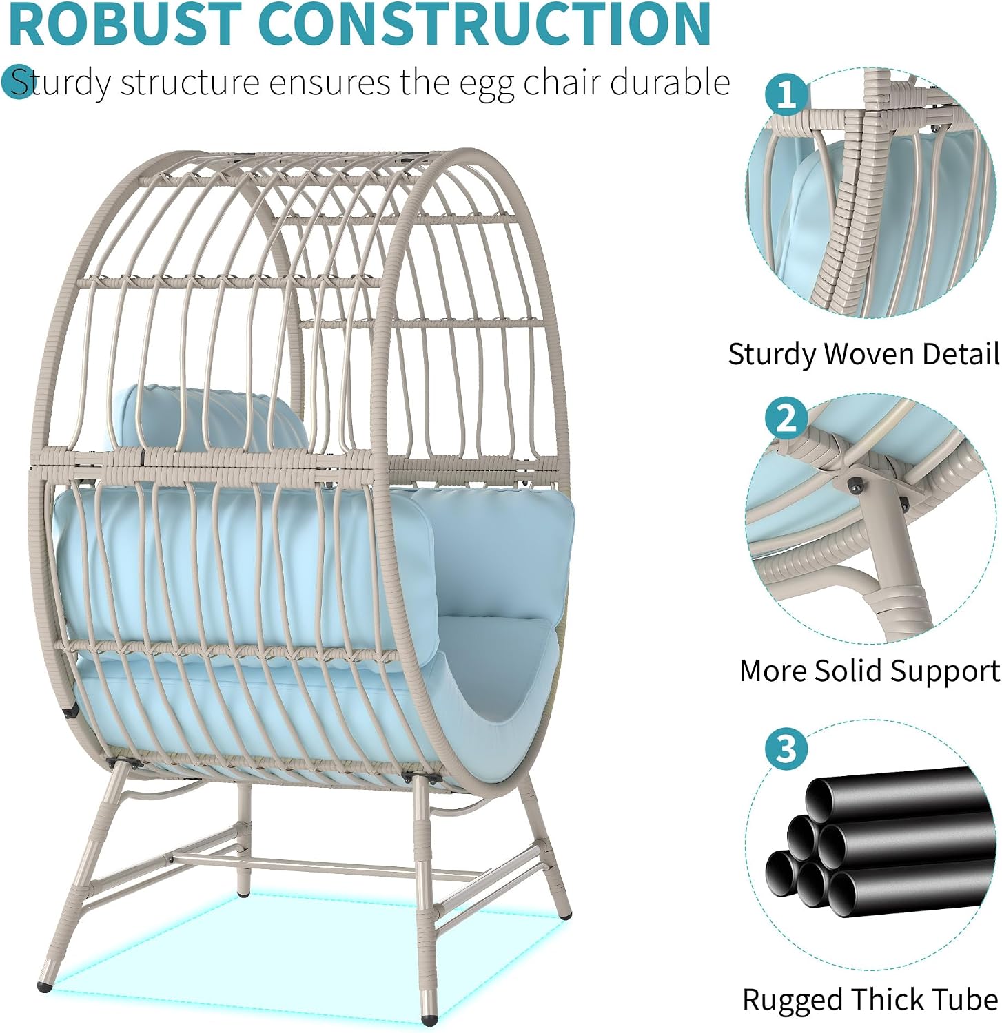 Fancyango Egg Chair Outdoor Indoor, Oversized Rattan Chair with Thicken Cushion, 350LBS Capacity Wicker Patio Lounge Chair, Basket Chair for Living Room Balcony Porch Backyard, Blue